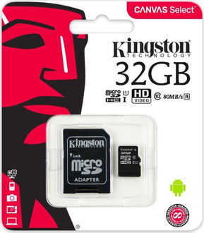 Kingston 32 GB (класс 10, UHS-I, 80 МБ/с, с адаптером)